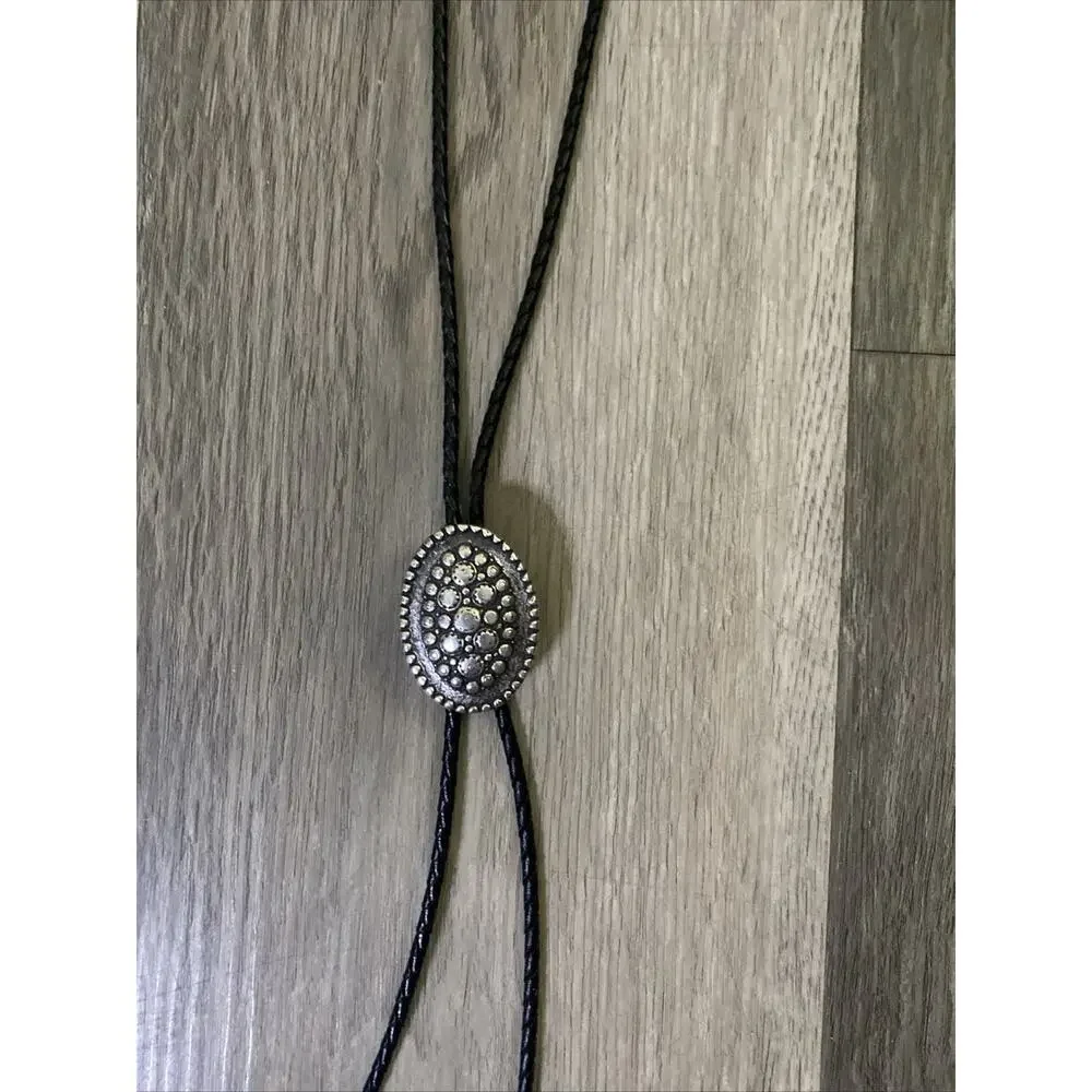 Vtg MCM Brutalist Silver Plate Bolo Tie Black Leather Western Modernist